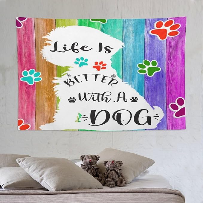 VUMIVI Cute Dog Tapestry Rainbow Color Planks Rustic Farmhouse Home Decor Pet Paws Tapestry Wall Hanging for Living Room Bedroom Dorm Classroom Aesthetic Decor W90xL60in