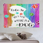 VUMIVI Cute Dog Tapestry Rainbow Color Planks Rustic Farmhouse Home Decor Pet Paws Tapestry Wall Hanging for Living Room Bedroom Dorm Classroom Aesthetic Decor W90xL60in