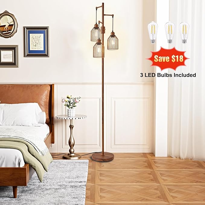 Dimmable Floor Lamp for Living Room, Farmhouse Floor Lamps with Elegant Hanging Cage, 3 x LED Edison Bulbs Included, 68.5" Industrial Standing Light for Bedroom Office Home Decor (Wood)