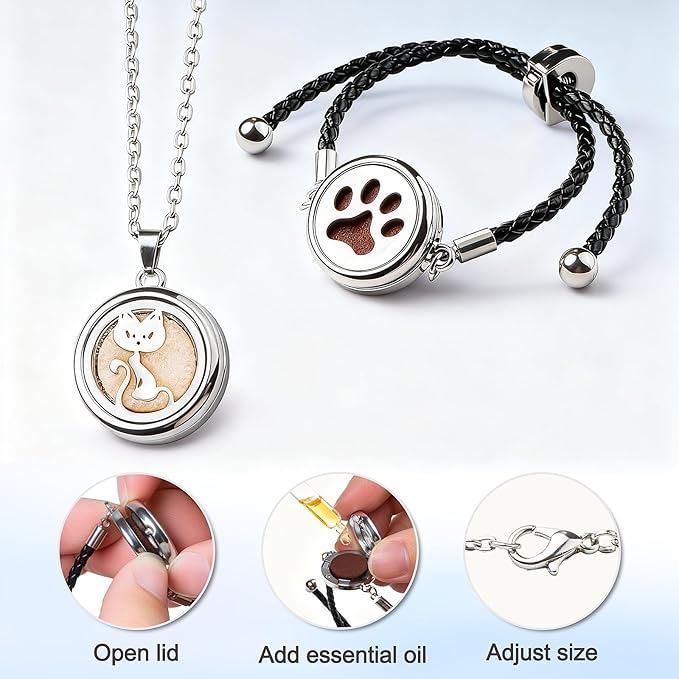 Essential Oil Diffuser Necklace & Bracelet Set for Women Gift 2pcs, Cat Aroma Locket Necklace + Pawprint Diffuser Bracelet Adjustable with 20 Refill Pads, Gifts for Wife, Girlfriend, Friend, Sister