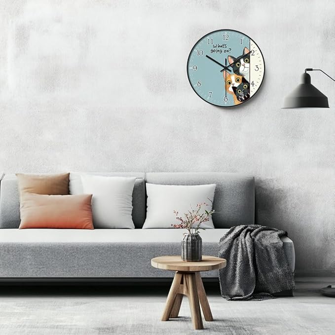 8 inch Plastic Wall Clock Battery Operated, Decorative Round Wall Clock, Quiet Wall Clock, Cat Pattern