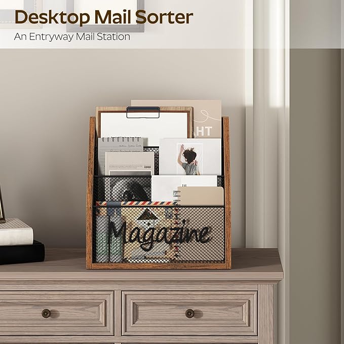 Magazine Holder, Wood Magazine Rack Floor, Mail Organizer Countertop, Magazine Mail Holder Sorter, Record Holder for Magazines, Books, Newspapers, Tablets, Rustic Brown and Black MR02BR