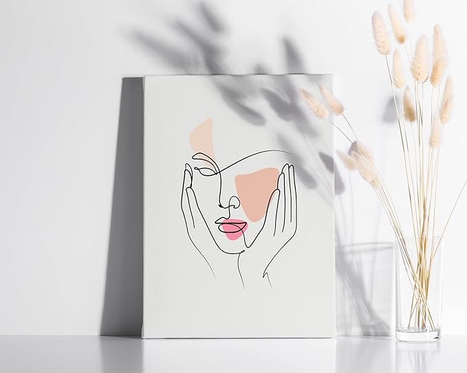 Aesthetic Face Wrapped Canvas Wall Art Hands on Cheeks Continuous Line Drawing Abstract Pink 12x16 Inch Gallery Stretched Modern Home Art Decor