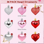 36Pcs Valentines Heart Ornaments, Red Pink Silver Glitter Valentines Decorations Heart Shaped Baubles, Romantic Hanging Valentine Day Tree Ornaments Decorations for Home Office, 3 Styles