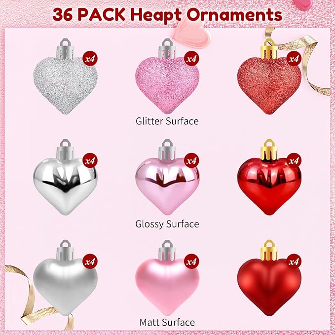 36Pcs Valentines Heart Ornaments, Red Pink Silver Glitter Valentines Decorations Heart Shaped Baubles, Romantic Hanging Valentine Day Tree Ornaments Decorations for Home Office, 3 Styles