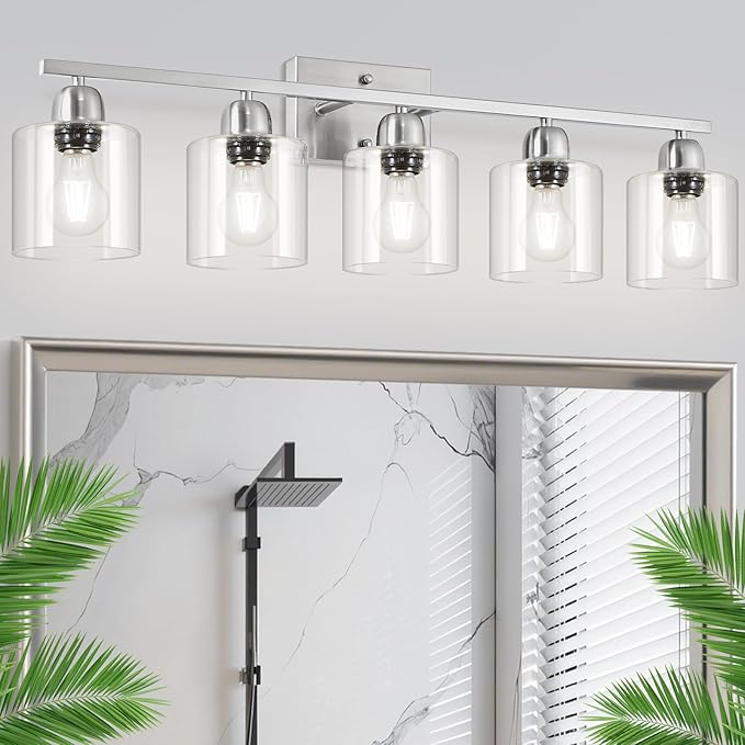 Modern Brushed Nickel 5 Light Bathroom Vanity Light, 31 inch Bathroom Lights Fixtures, Vanity Lights for Mirror Kitchen Living Room Hallway Cabinet Porch