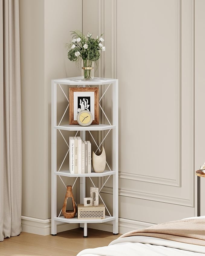 4-Tier Corner Shelf, Corner Bookcase, 43.3" Tall Vertical Display Rack, Plant Stand, Open Storage Shelf, for Living Room, Bedroom, Study, Kitchen, White TCJ14WB