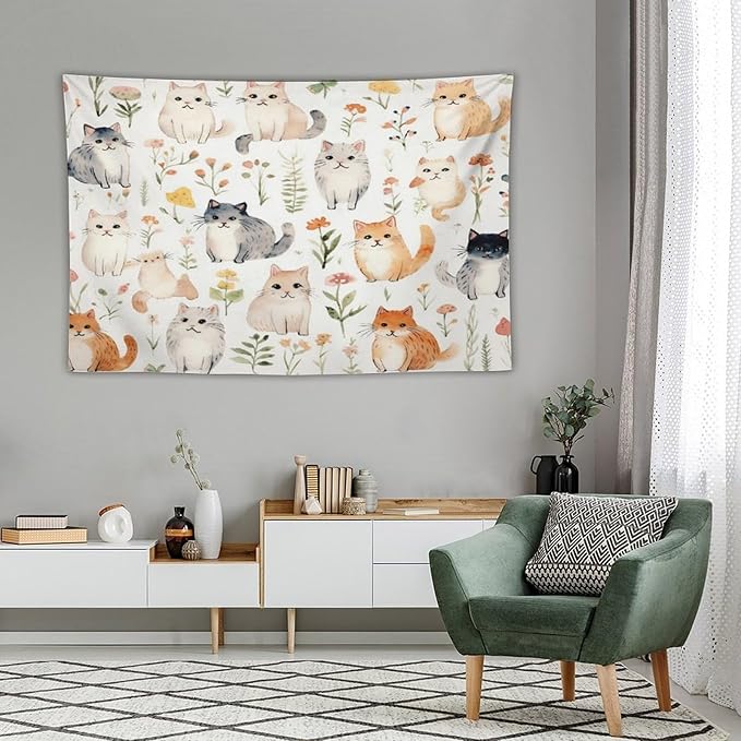 VUMIVI Cute Cat Tapestry Cartoon Pets Flowers Mushrooms Butterflies Watercolor Illustrations Tapestry Wall Hanging for Living Room Bedroom Dorm Classroom Aesthetic Decor W60xL40in