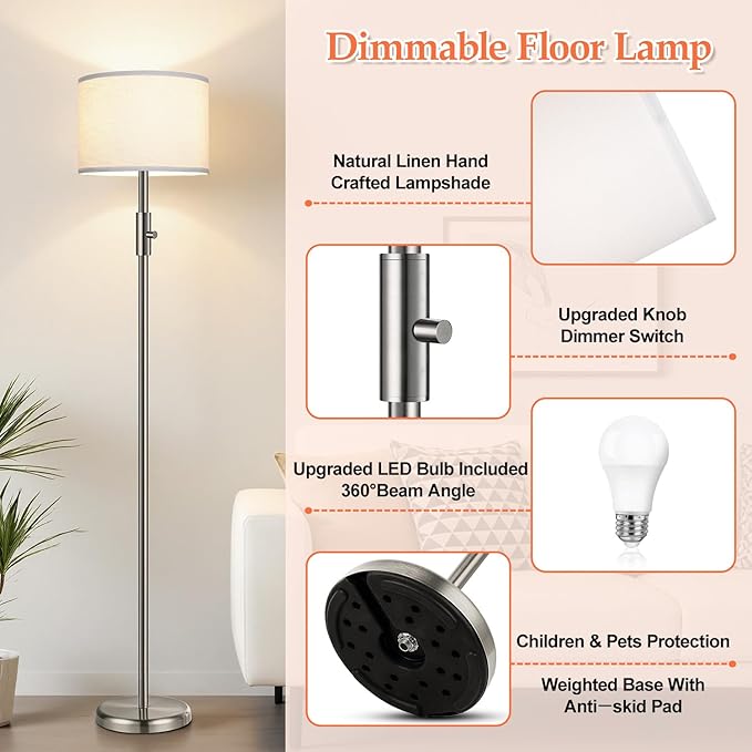 Floor Lamp Simple Design with White Shade, Small Tall Lamps for Living Room Bedroom Office Dining Room Kitchen, Sliver Pole Lamp-Sliver