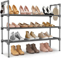 3 Tier Shoe Rack for Closet, Shoe Organizer with 5 Hooks, Long Shoe Shelf Storage for Shoe and Boot Stackable Free Standing Shoe Rack for Entryway, Garage, Small Spaces, Dorm, Grey
