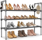 3 Tier Shoe Rack for Closet, Shoe Organizer with 5 Hooks, Long Shoe Shelf Storage for Shoe and Boot Stackable Free Standing Shoe Rack for Entryway, Garage, Small Spaces, Dorm, Grey
