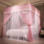 VETHIN 4 Corners Post Ruffle Princess Bed Canopy Curtain-Double Layer Cozy Drape Netting 4 Opening Mosquito Net for Girls Adults Bedroom Decoration (Pink/Whtie,78" W*86" L*82"*H/King)