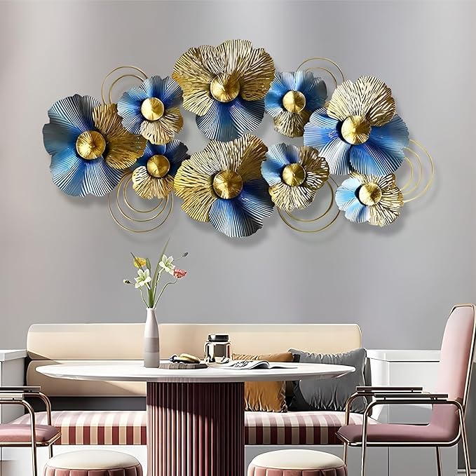 edaknez Metal Wall Art for Living Room, Extra Large Metal Wall Decor, 3D Modern Leaves Wall Decoration, Lotus Flower Wall Hanging Sculpture, for Indoor Outdoor, Blue & Gold (A 130x66x6cm)