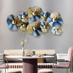 edaknez Metal Wall Art for Living Room, Extra Large Metal Wall Decor, 3D Modern Leaves Wall Decoration, Lotus Flower Wall Hanging Sculpture, for Indoor Outdoor, Blue & Gold (A 130x66x6cm)