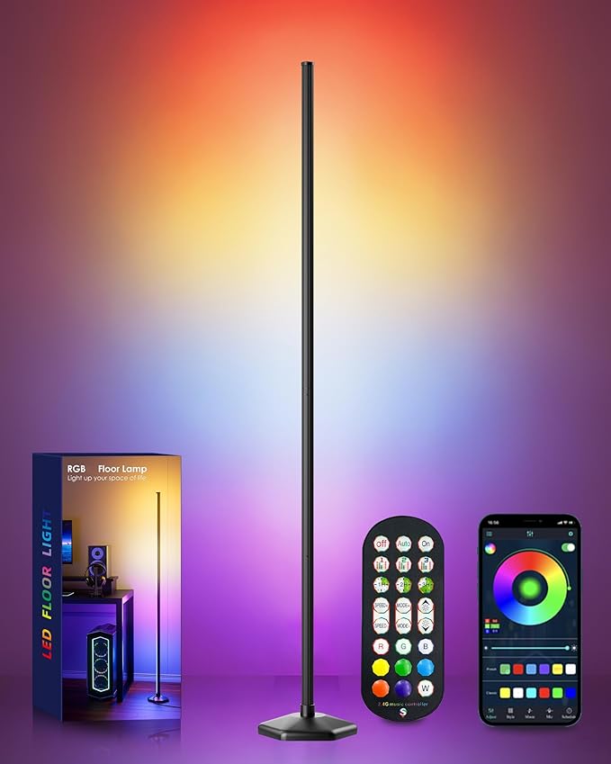 Corner LED RGB Floor Lamp, Smart Dimmable Corner Light with Music Sync, Color Changing Ambient Lighting with App and Remote Control, for Bedroom, Living Room Gaming Room