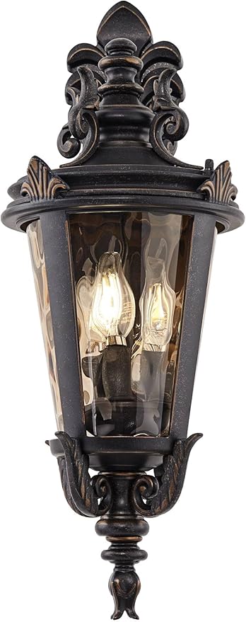 John Timberland Casa Marseille European Outdoor Wall Light Fixture Bronze Scroll 21 3/4" Champagne Hammered Glass for Exterior House Porch Patio Outside Deck Garage Front Door Garden Home