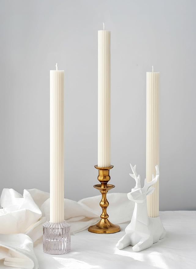 10" Candle Sticks, Ribbed Taper Candles, Ivory, 4-Pack, Unscented