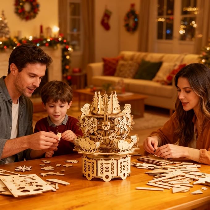 Adult 3D Wooden Christmas Music Box Assembly Kit DIY Wind-Up Mechanical Model Carousel Set Desktop Toy Birthday Gift Decorative Item Suitable for Teens 14+