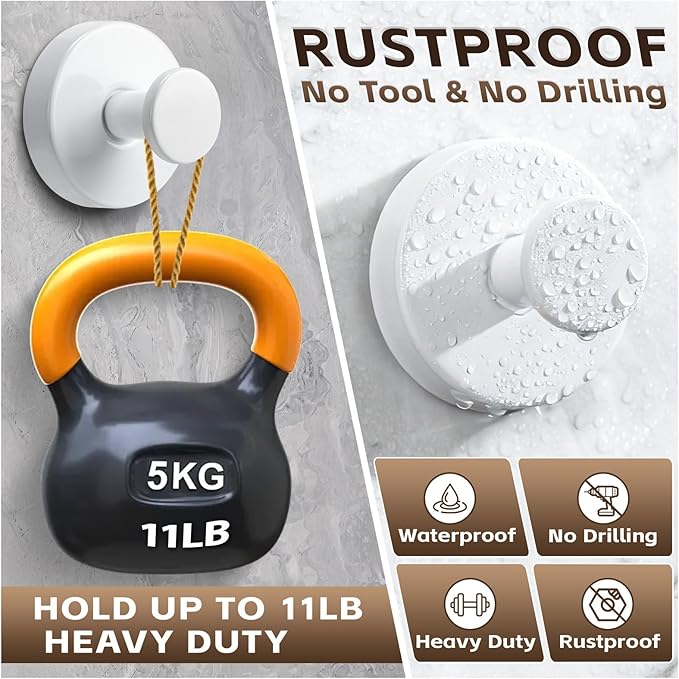 Reusable Heavy Duty Suction Cup Hooks for Kitchen/Bathroom/Shower - Wet-Proof Hooks for Towels, Robes, Loofah&Wreaths/No Drill Mounting on Glass, Tile, Metal (2, White)