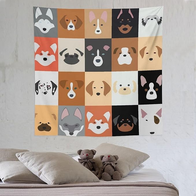 VUMIVI Dog Tapestry Funny Cartoon Pet Patterns Colorful Illustrations Square Animals Tapestry Wall Hanging for Living Room Bedroom Dorm Classroom Aesthetic Decor W60xL60in