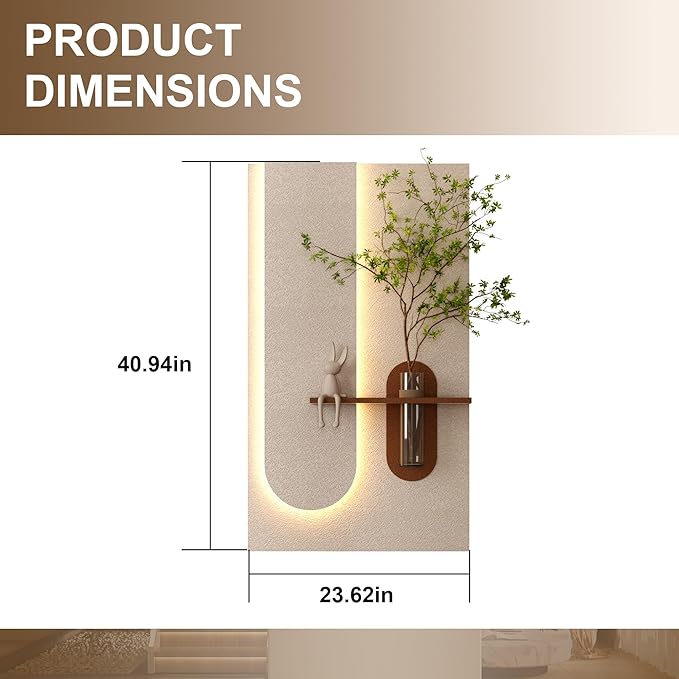 LED Sandstone Wall Decor, 3D Wall Art Sculpture, Simulated Green Plants, Glass Vase & Rabbit Statue, Remote Control 3 Color Light, for Living Room, Bedroom, Hallway(Light Coffee,41.3 * 23.6in)