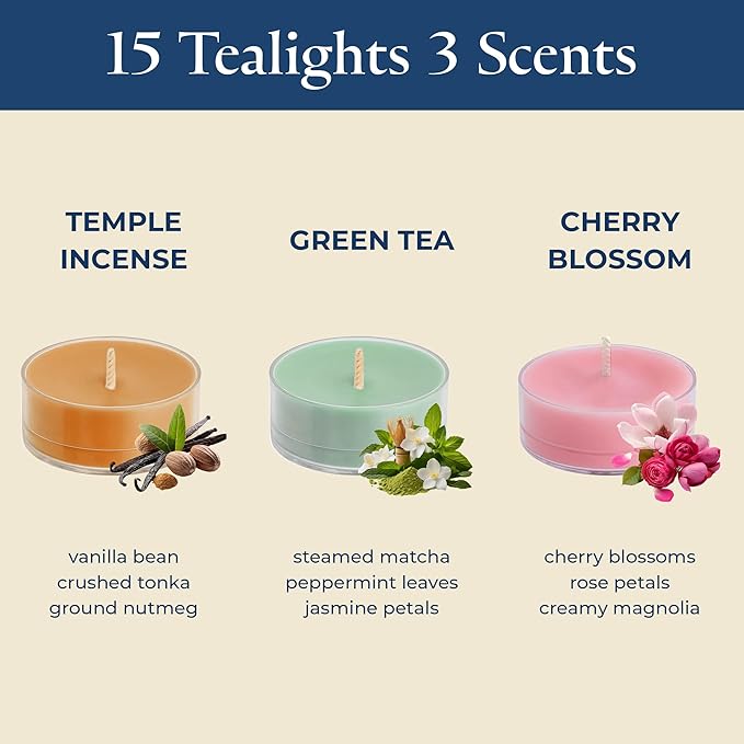 PartyLite Set of 15 Tea Lights Sampler Candles, Aromatherapy Tribute to Tokyo Scented Candles Gift Set, Up to 4 to 6 Hours Burn Time