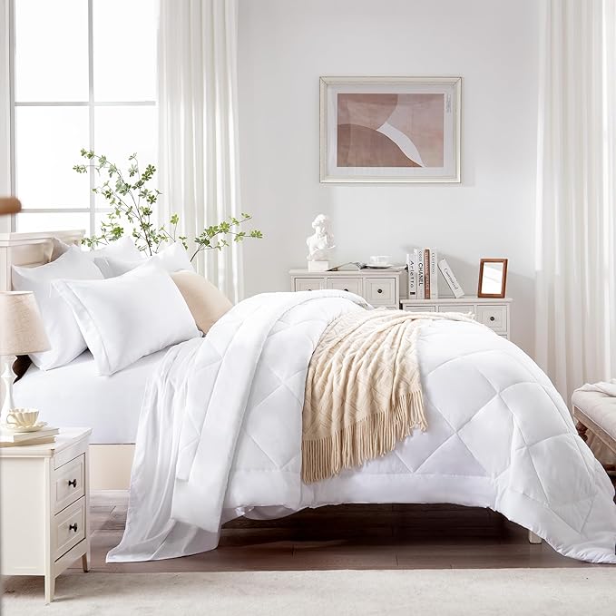 Love's cabin California King Comforter Set White, 7 Pieces California King Bed in a Bag, All Season Bedding Sets with 1 Comforter, 1 Flat Sheet, 1 Fitted Sheet, 2 Pillowcase and 2 Pillow Sham