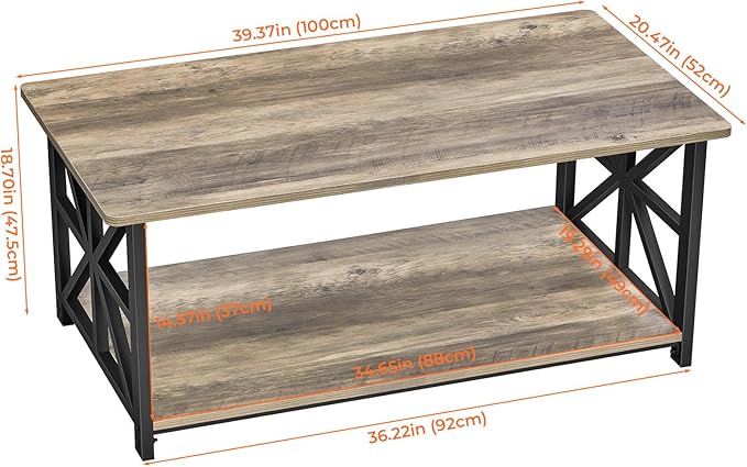 GreenForest Coffee Table for Living Room with Round Corners Farmhouse Style Center Table with Storage Shelf 39 Inch Space Saving Easy Assembly Gray Wash | for Living Room, Farmhouse Style, Space Saving, Easy Assembly