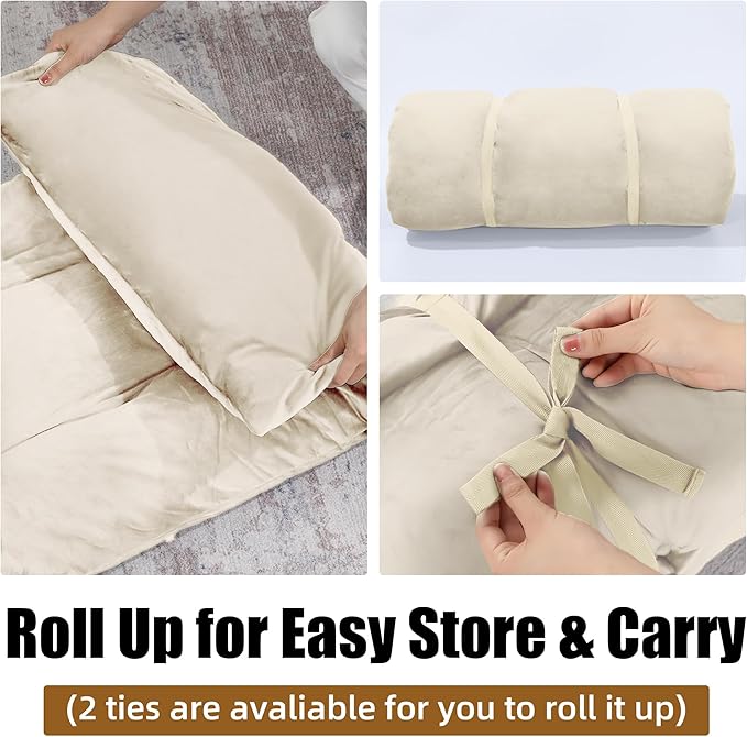 HOMBYS Floor Lounger Pillow Foldable and Tufted Design Long Floor Cushion for Yoga, Reading, Sleeping, Meditation, Elastic Band for Roll Up and Easy Storage, Machine Washable (Beige, 62"x27")
