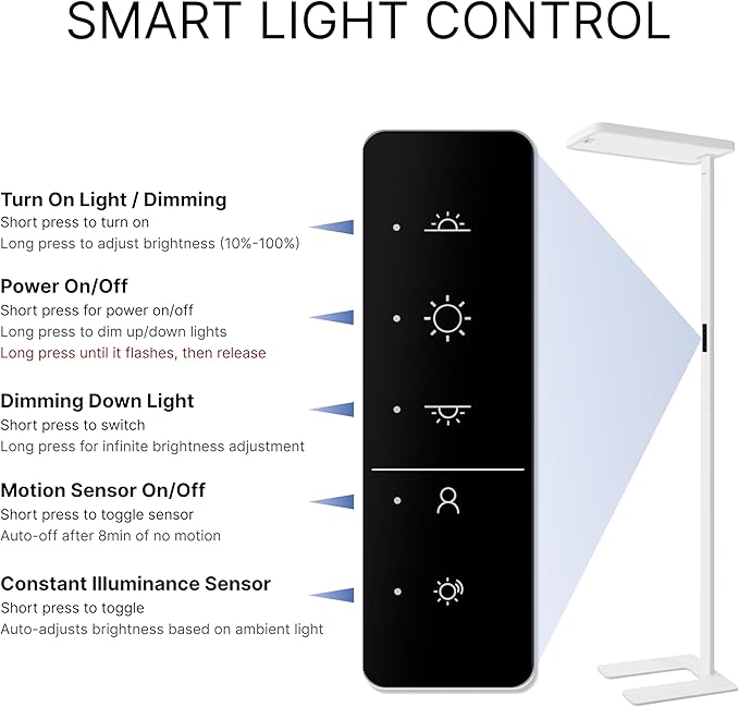 Pure Light Floor Lamp 9500LM Full Spectrum, 4000K Natural Daylight Eye-Care Reading Light, Dimmable 100W Standing Lamp with Motion Sensor for Home Office, 60000+ Hours