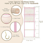 Headband Holder, 17x50in Bow Holder for Girls Hair Bows W/ 2 Mesh Pockets & 24 Metal Hooks, Baby Headband Bow Organizer, Wall Hanging Hair Accessories Storage for Toddler Room Nursery Decor(Pink)