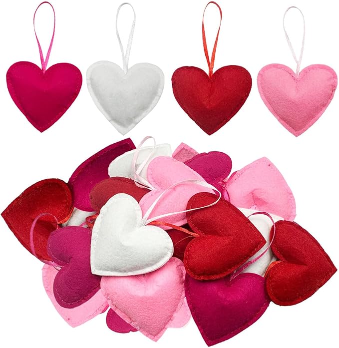 Felt Heart Ornament, 24Pcs Valentines Day Felt Heart Hanging Ornaments Red Pink Hearts Shaped Ornament Bulk for Valentine Day Wedding Anniversary Party Decorations