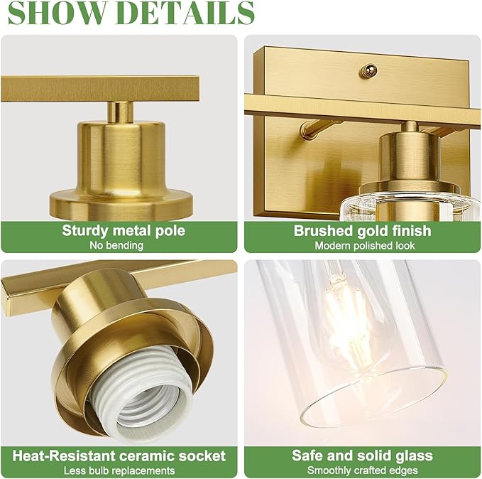 3-Light Bathroom Light Fixtures, Vanity Light with Clear Glass Shades, Brushed Gold Bathroom Light Fixtures Over Mirror, Modern Bathroom Wall Lamp for Mirror Living Room Cabinet Bedroom