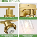 3-Light Bathroom Light Fixtures, Vanity Light with Clear Glass Shades, Brushed Gold Bathroom Light Fixtures Over Mirror, Modern Bathroom Wall Lamp for Mirror Living Room Cabinet Bedroom