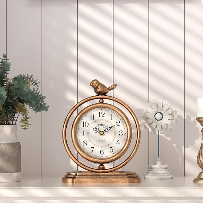 Gold Vintage Table Clock with Bird, European Retro Style Mantel Clocks, Desk and Shelf Decor Clock, for Living Room, Farmhouse, Bedside, Bedroom, Gift (7.9" H x 6.3" W)
