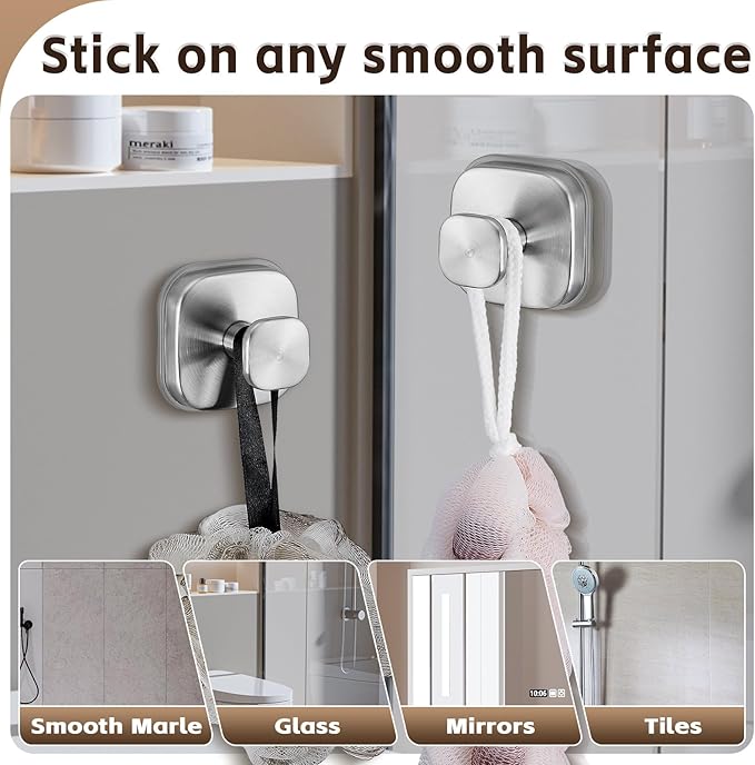 Heavy Duty Reusable Suction Cup Hooks for Kitchen/Bathroom/Shower - Wet-Proof Hooks for Towels, Robes, Loofah&Wreaths/No Drill Mounting on Glass, Tile, Metal (2, Brushed Nickel)