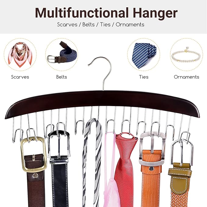 Belt Hanger Organizer for Closet: Ohuhu 2 Pack 12 Hooks Max 36 Belts Tie Rack Wooden Belt Holder for Storage 360 Degree Rotating Space Saver Organizer for Men Women Belt Tie Scarf Accessories-Walnut
