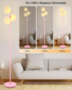 Dimmable Pink Floor Lamp, Unique Cute Flower Standing Lamps with 3 Globe Soft Warm White 3000K Bulbs, Mid Century Modern Floor Lamp for Living Room Bedroom Home Decor