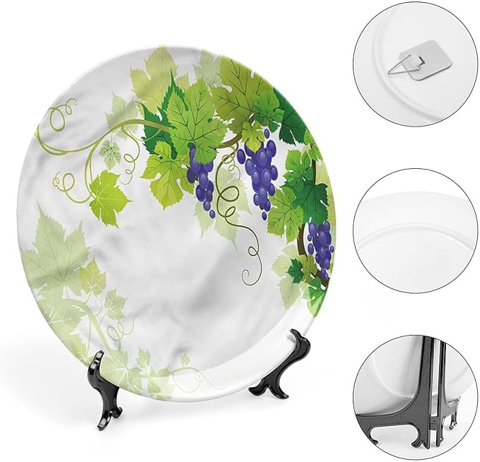 XISUNYA 8 Inch Decorative Plate, Vine Ceramic Stoneware, Grapes with Fresh Foliage Print Ceramic Wall Hanging for Fine Dining Upscale Events, Dinner Parties, Weddings, Catering, Muticolor