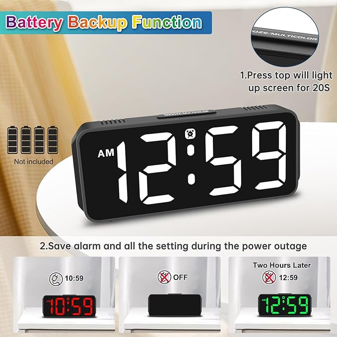 Peakeep Small Tiny Digital Alarm Clock Plug in for Kids Bedroom Bedside Nightstand, RGB Colorful Changing Large Display for Travel, Dimmable 6 Brightness, Corded Electric Battery Backup (Black - RGB)