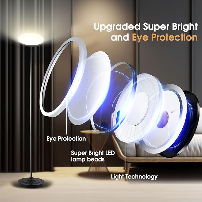 Upgraded Floor Lamp, 30W/2600LM Super Bright Floor Lamp with Remote Control, Stepless Adjust Color Temperatures and Brightness, Torchiere Standing Lamp for Living Room Bedroom Office