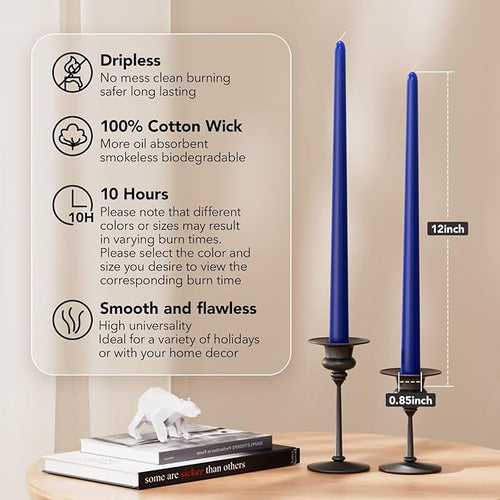 12-Inch Tall Dripless Taper Candles Set of 4 - Classic Blue Tapered Candles, Perfect for Spring - Smokeless, Unscented, Long Burning - Hand Poured, Colored Tall Candlesticks - Dark Blue