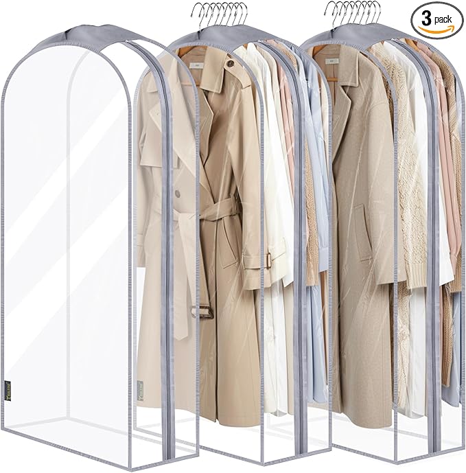 BALEINE 50'' Clear Garment Bags for Hanging Clothes, 10.5'' Wide PEVA Suit Bag for Closet Clothes Dresses Coat (Clear, 3PK)