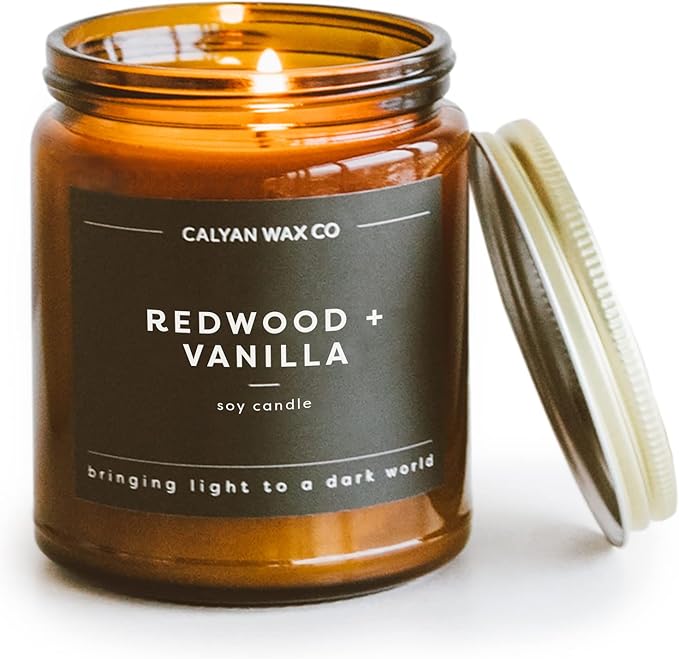 Calyan Wax Co. Redwood & Vanilla Scented Candle - 57 Hour Burn - Luxury Non Toxic Soy Wax Candles - Long Lasting Amber Glass Jar Candle for Home - 7.2oz