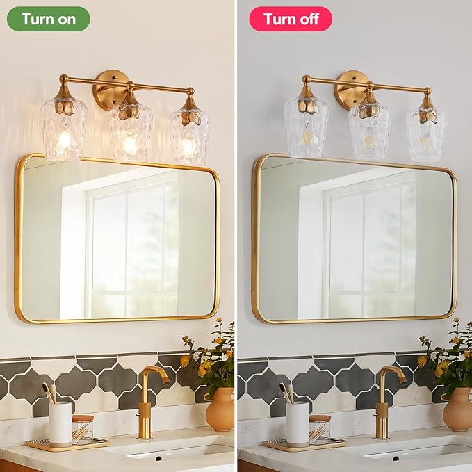 20 inch 3-Light Gold Vanity Light,Modern Wall Sconce with Rippled Glass Lampshade,Bathroom Lighting Fixture Over Mirror for Living Room,Bedroom,Hallway