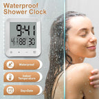 Waterproof Shower Clock with Timer, Bathroom Wall Clock Displaying Temperature, Date & Day, Battery Operated LCD Digital Clock for Bath, Kitchen (White)