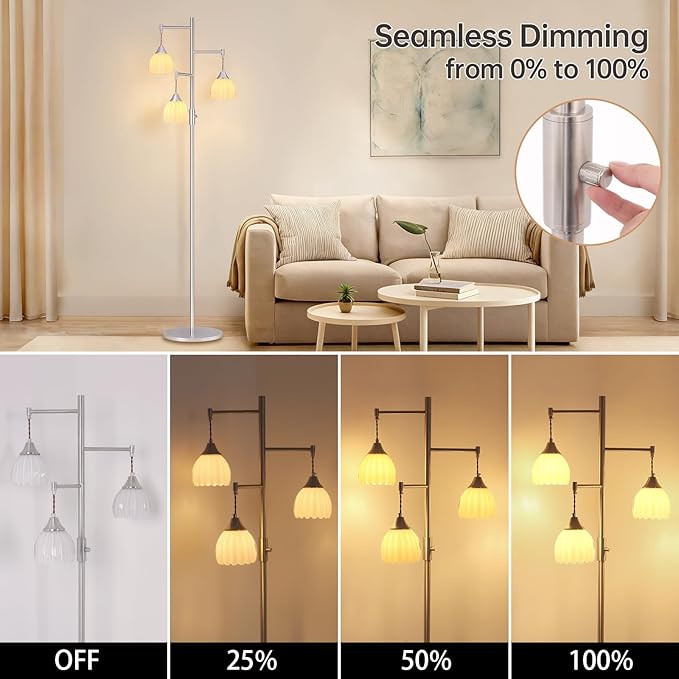Dimmable Floor Lamp for Living Room, Bedroom, Nickel Standing Lamp with 3pcs 6W Bulbs, Vintage Floor Lamps for Corner, Nursery (White Tulip)