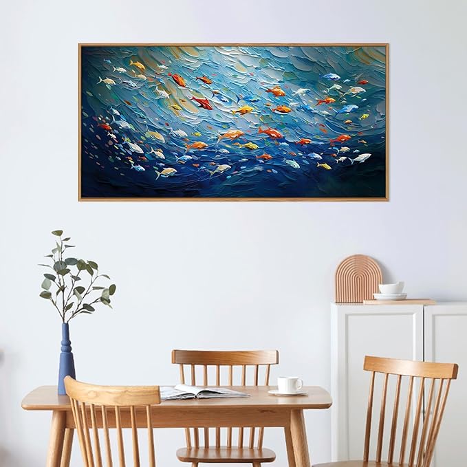 CHDITB Ocean Fish Framed Canvas Wall Art, 20"X40" Large Under The Sea Fishes Oil Painting, Modern Navy Blue Marine Fish Wall Decor, Colorful Fishes Artwork for Living Room Bedroom Office Home Decor