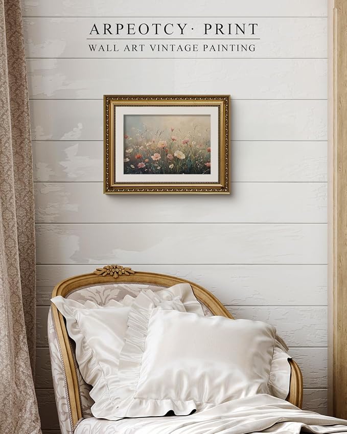 ARPEOTCY Vintage Gold Framed Wall Art Decor, Colorful Wildflower Picture, Vintage Flower Wall Art for Living Room Bedroom Office, Canvas Print Painting, Retro Bathroom Decor, 11x14 Inch