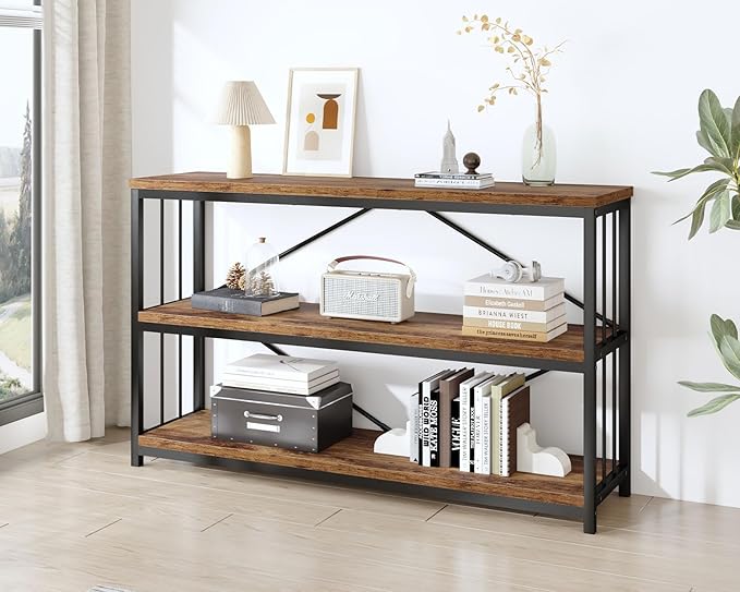 IBF Farmhouse Low 3 Tier Bookshelf, Industrial Rustic Horizontal Wood Bookcase, Modern Wide Open Metal Etagere with Storage, Vintage Book Shelf for Office Bedroom Living Room, Rustic Brown, 47 Inch